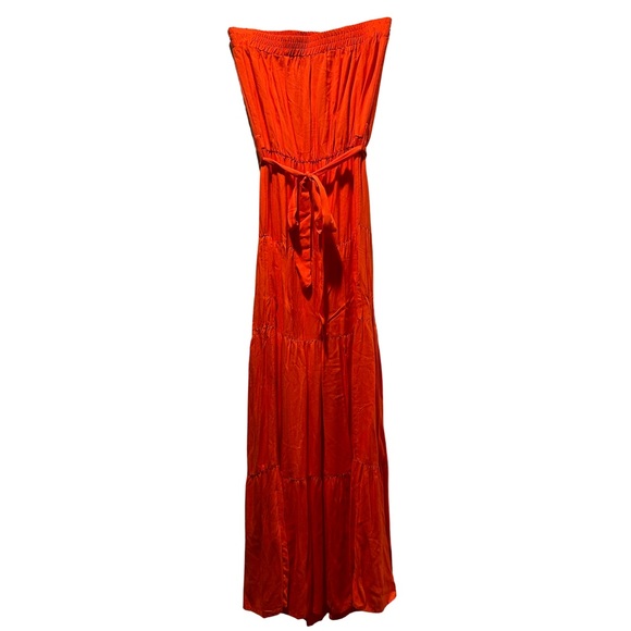 Orange Simple Flounce Hem Belted Tube Maxi Dress - Picture 2 of 5